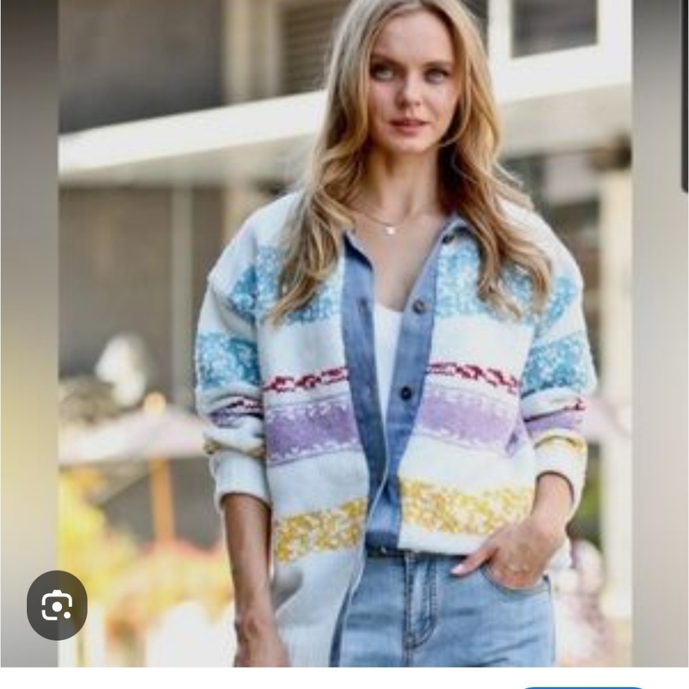 Mazik Colorful Striped Button Down Cardigan With Denom Collar And Accents